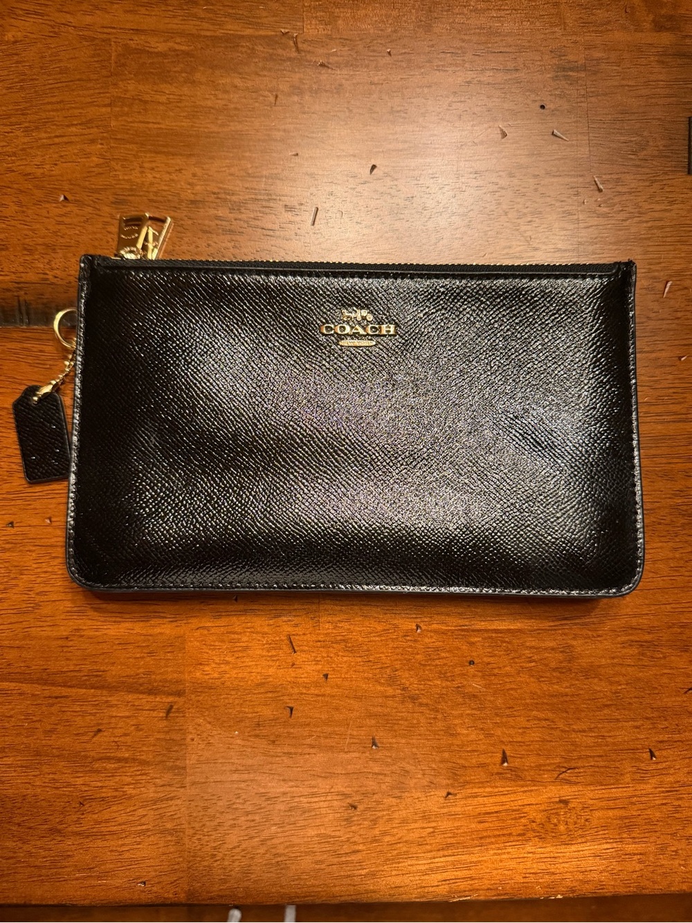COACH Black Patent Leather Double Zip Pouch Clutch Wristlet Hang tag